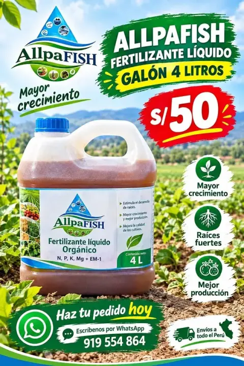 Fertilizante líquido orgánico AllpaFish galón de 4 litros — el más pedido