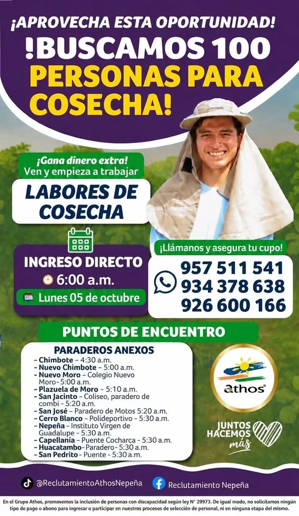 Afiche del aviso: Buscamos 100 personas para labores de cosecha