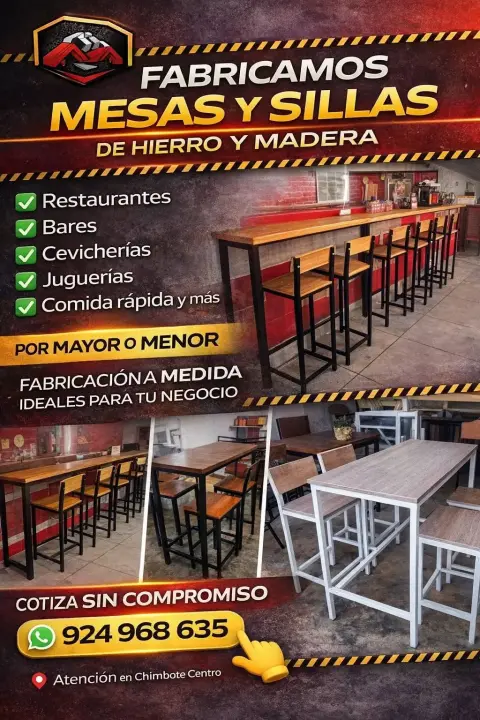 Mesas y sillas de hierro y madera