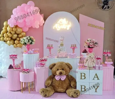 Alquiler de toldos con telas blanco y dorado para Baby Shower en Coishco