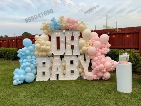 Alquiler de toldos con telas blanco y dorado para Baby Shower en Coishco