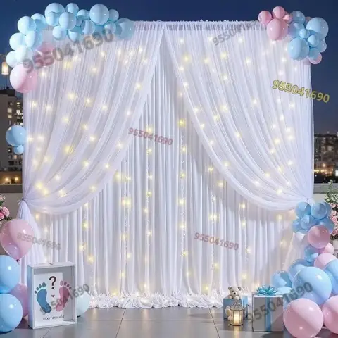 Alquiler de toldos con telas blanco y dorado para Baby Shower en Coishco