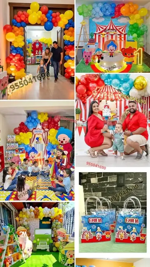 Alquiler de backing circular con arco de globos de Plim Plim en Coishco
