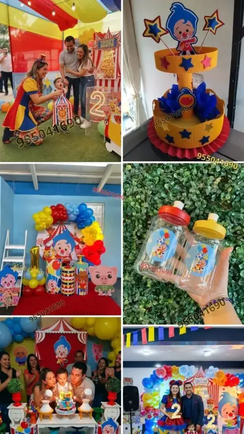 Alquiler de backing circular con arco de globos de Plim Plim en Coishco