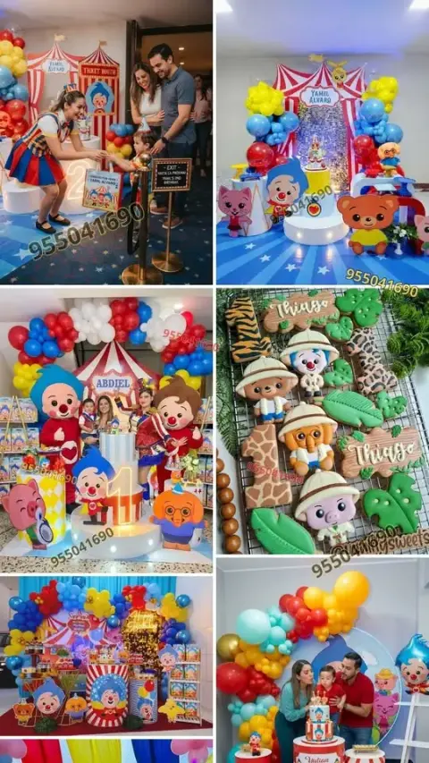 Alquiler de backing circular con arco de globos de Plim Plim en Coishco