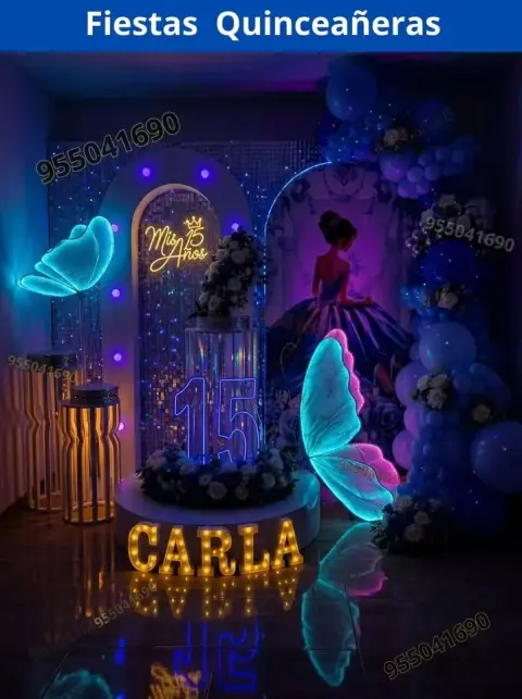 Decoracion de quinceañeras en celeste bebe y azul claro Campo Nuevo
