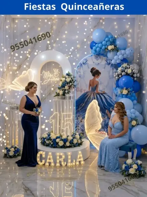 Decoracion de quinceañeras en celeste bebe y azul claro Campo Nuevo