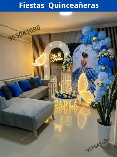 Decoracion de quinceañeras en celeste bebe y azul claro Campo Nuevo