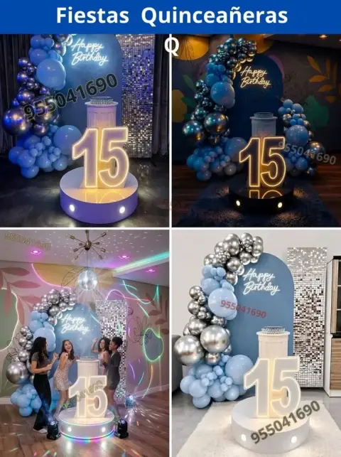 Decoracion sencilla y rapida en celeste para 15 años Coishco