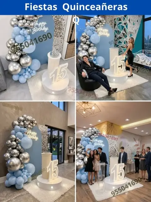 Decoracion sencilla y rapida en celeste para 15 años Coishco