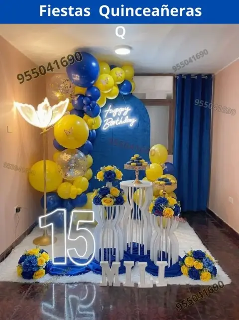 Decoración de 15 años en azul con amarillo en Cambio Puente