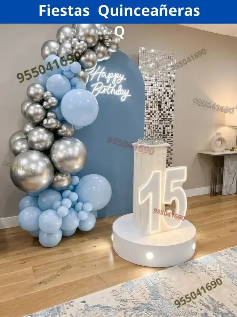 Decoracion con globos metalicos en celeste para 15 años Campo Nuevo