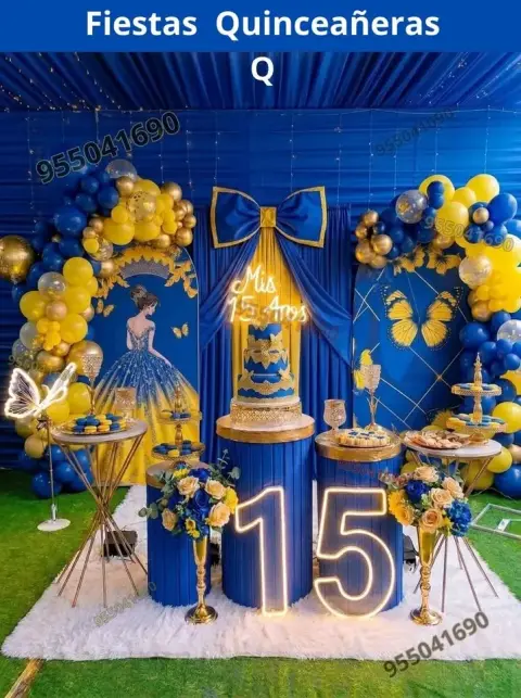 Decoracion de quinceañeras en tonos amarillos y azules en Campo Nuevo