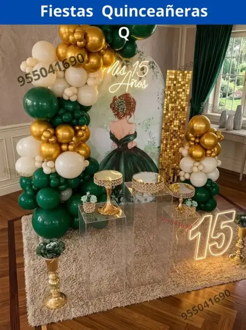 Decoracion muy sencilla de 15 años en verde jade y verde claro Campo Nuevo