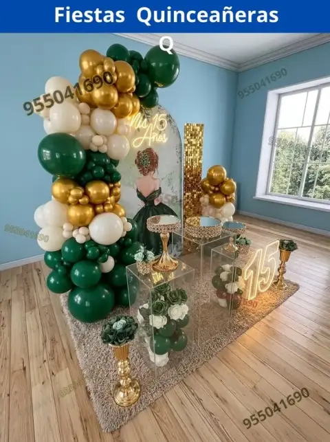 Alquiler de mobiliario y decoracion pequeñita de 15 años verde esmeralda Santa