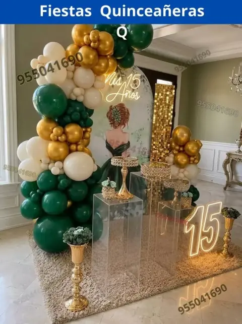 Alquiler de mobiliario y decoracion pequeñita de 15 años verde esmeralda Santa