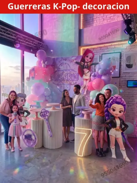 Grupo de accesorios y estandarte de las guerreras K-pop para fiesta Santa