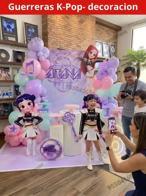 Grupo de accesorios y estandarte de las guerreras K-pop para fiesta Santa