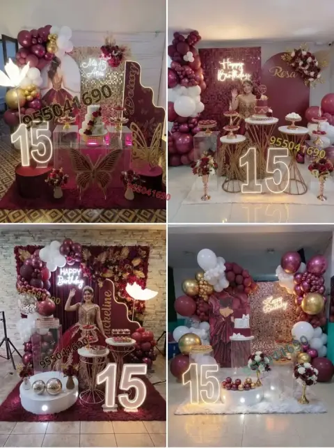 Quince años en tonos vino tinto con decoracion borgoña y guinda en Santa