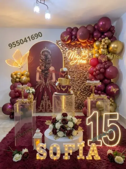 Quince años en tonos vino tinto con decoracion borgoña y guinda en Santa