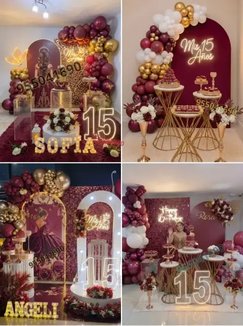 Decoración de quinceañera en vino tinto y dorado en Nuevo Chimbote