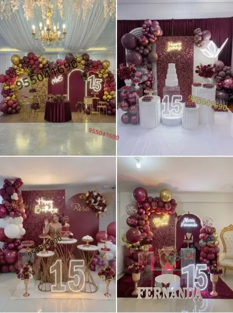 Decoración de quinceañera en vino tinto y dorado en Nuevo Chimbote