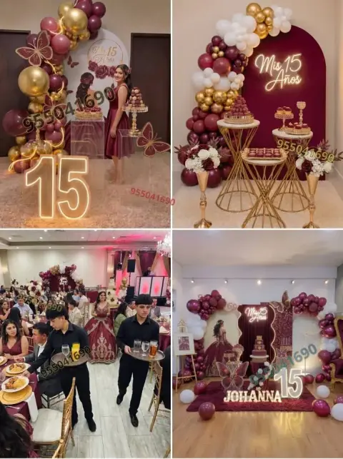 Decoración en guinda y rojo oscuro para 15 años en Coishco
