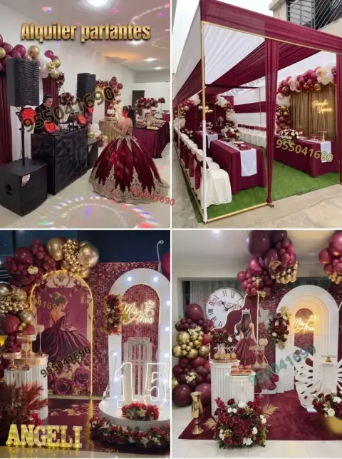 Decoración en guinda y rojo oscuro para 15 años en Coishco
