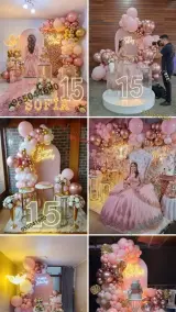 Decoración de 15 años en oro rosa con mesa principal en Chimbote