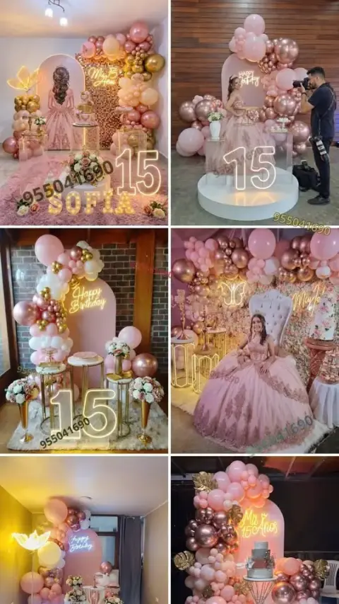 Decoración de 15 años en oro rosa con mesa principal en Chimbote