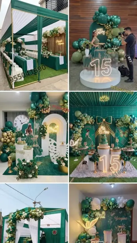 Decoración de 15 años en verde jade con grass sintético en Coishco