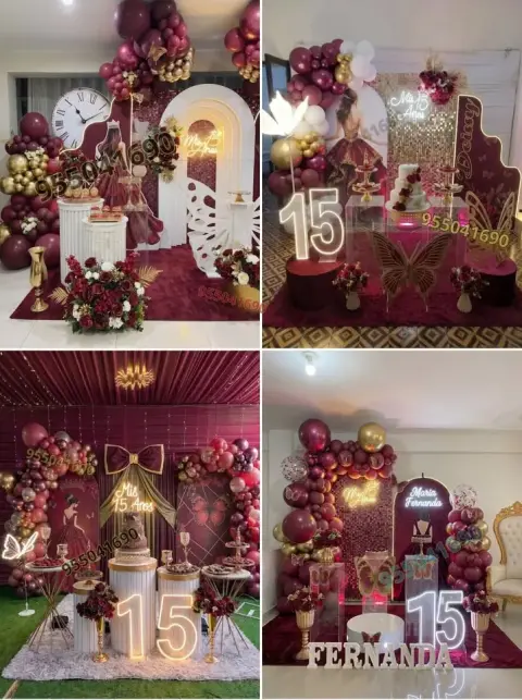 Decoración de 15 años en guinda y marsala en Guadalupito