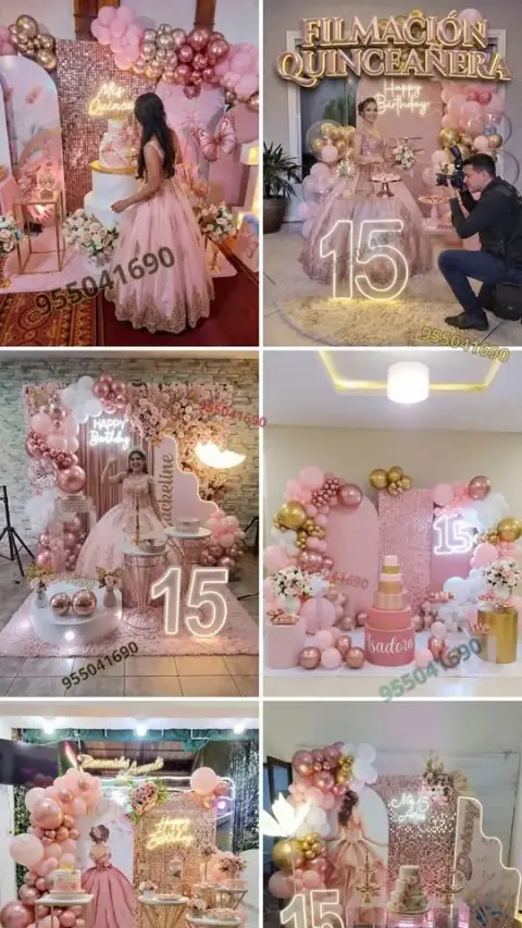 Decoración de 15 años en tonos rosa con letrero neón en Chimbote