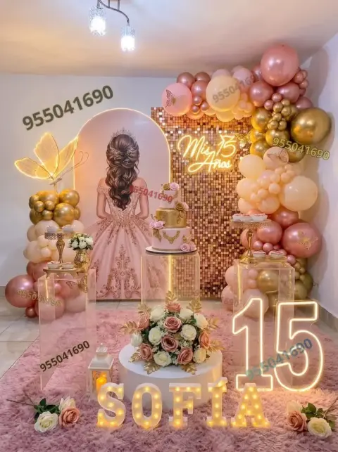Decoración palo rosa para quinceañera de gala en Chimbote