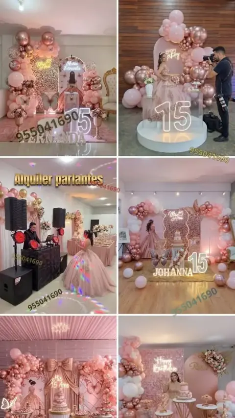 Decoración de 15 años en oro rosa y accesorios dorados en Chimbote