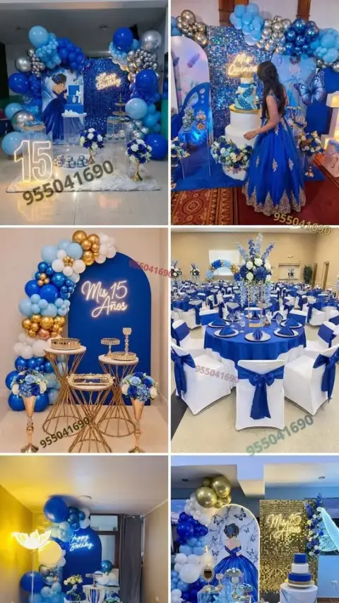 Quince años temáticos azules con mesas de cristal y LED en Santa