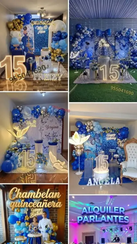 Quince años temáticos azules con mesas de cristal y LED en Santa