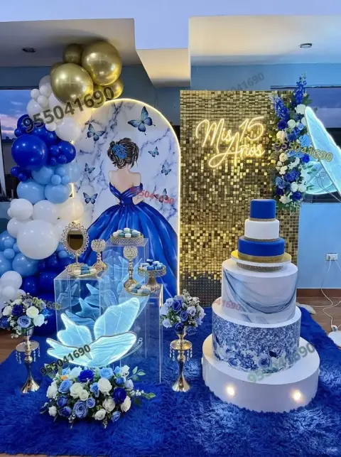 Decoración de quinceañera en paleta azul para salón en Casma