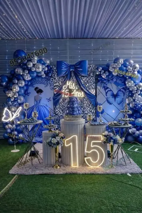 Decoración de quinceañera en paleta azul para salón en Casma