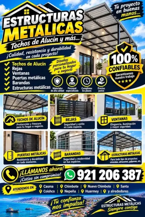 Estructuras metálicas: techos de aluzinc, coberturas, rejas, puertas y ventanas