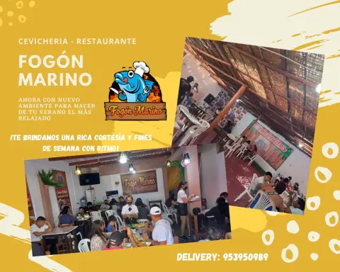 Fogón Marino, cevichería y restobar en Villa María 7 de julio, Nuevo Chimbote: ceviche, leche de tigre, chicharrón de pescado, combinados, chaufa, alitas acevichadas, lomo saltado y parrillas, con delivery y alquiler de salón. Pedidos al 941 676 398