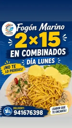 Fogón Marino, cevichería y restobar en Villa María 7 de julio, Nuevo Chimbote: ceviche, leche de tigre, chicharrón de pescado, combinados, chaufa, alitas acevichadas, lomo saltado y parrillas, con delivery y alquiler de salón. Pedidos al 941 676 398