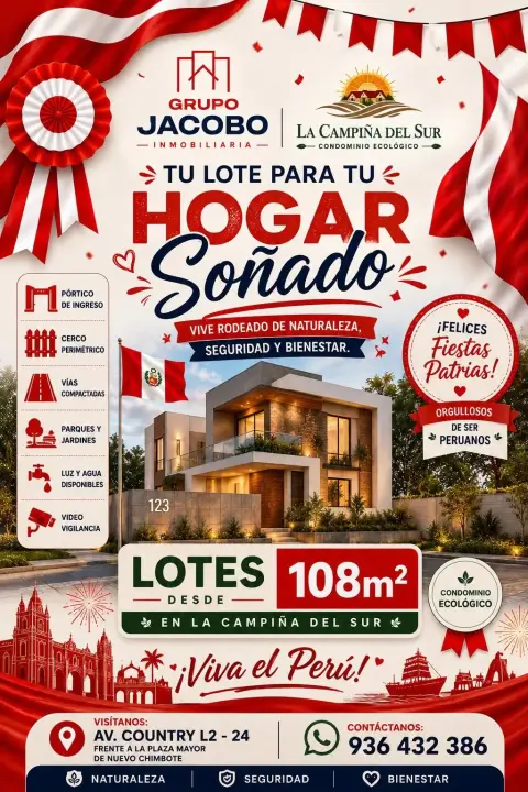 Lotes de terreno en Nuevo Chimbote con Grupo Jacobo Inmobiliaria: proyectos Terrazas y La Campiña del Sur, financiamiento con 0 % de interés y gran sorteo de 1 lote.
