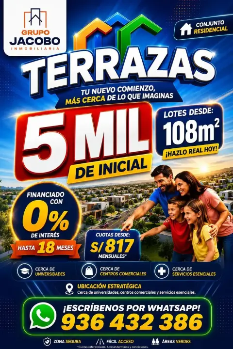 Lotes de terreno en Nuevo Chimbote con Grupo Jacobo Inmobiliaria: proyectos Terrazas y La Campiña del Sur, financiamiento con 0 % de interés y gran sorteo de 1 lote.