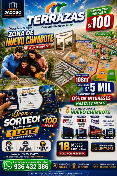 Lotes de terreno en Nuevo Chimbote con Grupo Jacobo Inmobiliaria: proyectos Terrazas y La Campiña del Sur, financiamiento con 0 % de interés y gran sorteo de 1 lote.