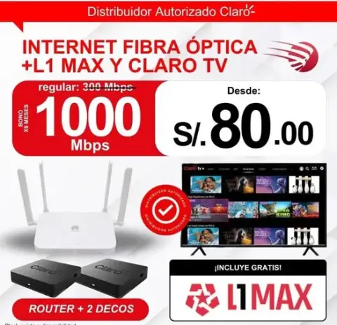Internet fibra óptica + L1 MAX y Claro TV