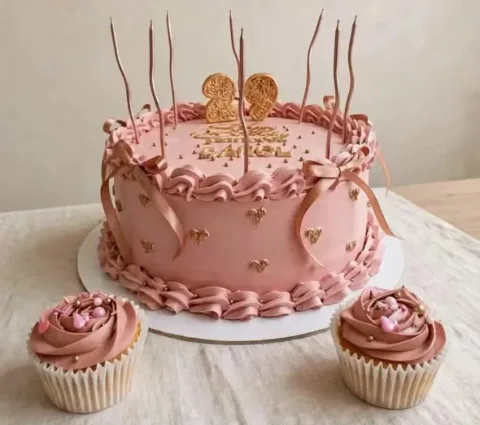 Torta rosa con topper dorado y cupcakes