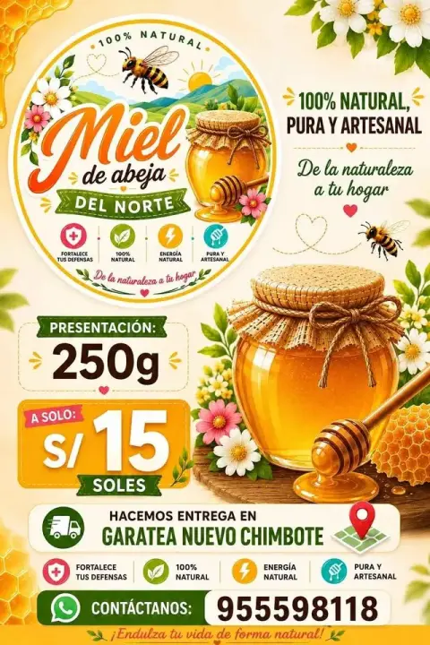 Miel de abeja pura y artesanal de 250 g (traída de Guadalupe, La Libertad)