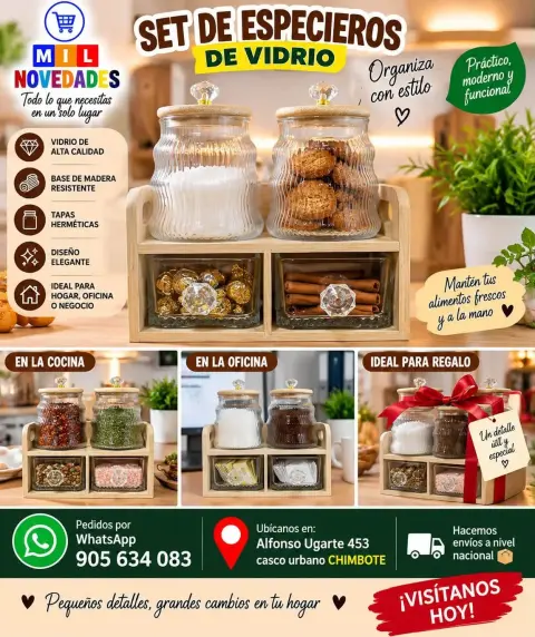 Set de especieros de vidrio con base de madera