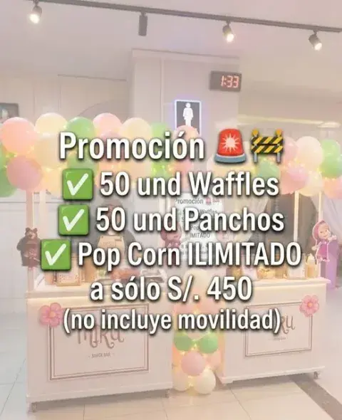 Promoción 50 wafles + 50 panchos + pop corn ilimitado